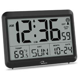 WallarGe Atomic Digital Wall Clock Battery Operated, Self-Setting, Large Display with Temperature, Date, Day of The Week, Silent Wall Mount Digital Clock, 4 Time Zones, DST