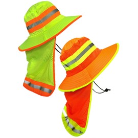 Men High Visibility Reflective Sun Hat with Neck Flap Wide Brim Boonie Hat Bucket Cap (2pcs (Orange+Lime))