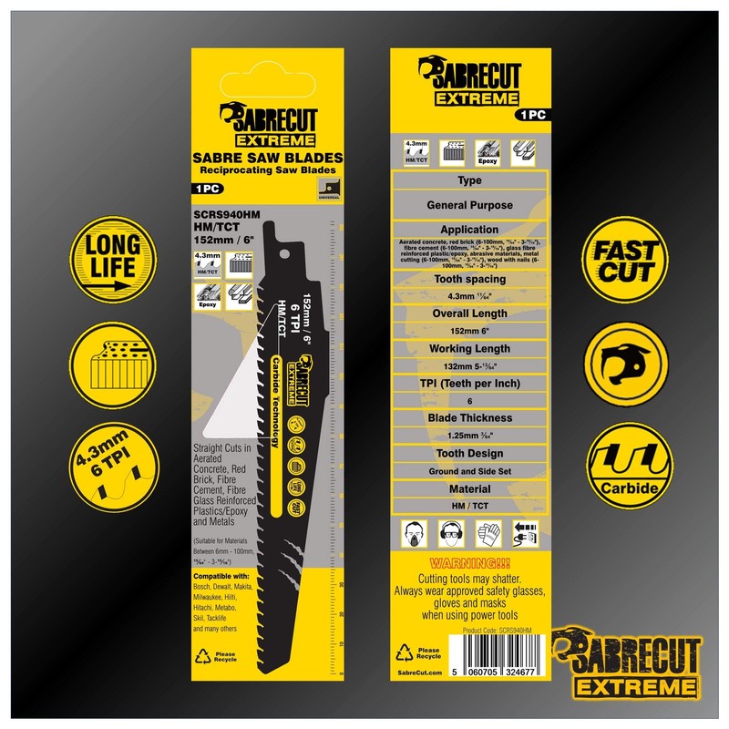 3 x SabreCut SCRS940HM_3 Tungsten Carbide 152mm 6 TPI S940HM