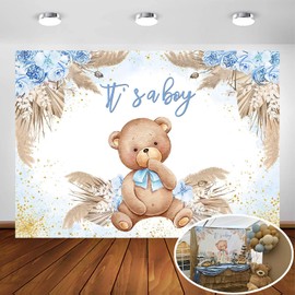 Avezano Boho Bear Baby Shower Backdrop for Boy's Party Decorations Blue Pampas Grass It's a Boy Baby Shower Photography Background Bohemian Bear Baby Shower Decorations Photoshoot (7x5ft)