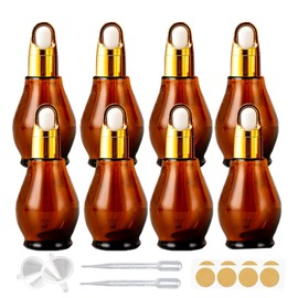 8 Pack 1oz Glass Dropper Bottles 30ml Amber Gourd Shaped Bottles with Dropper, Tincture Bottle,for Essential Oils, Hair Oil, Liquids, Perfume (Amber/Flower Basket Cap, 30ml)