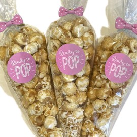 Baby Shower Favours - Ready to Pop - Popcorn Favour Bags - favour bags stickers and pre-tied bows (Pink)