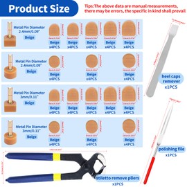 Waltool 67Pcs Beige U-Shape and Round High Heel Replacement Tips and Shoe Repair Tools for Women, 8/9/10/11/12mm Skid Resistant Stiletto Dowels Heels Caps -2.4/3 mm Nail Diameter
