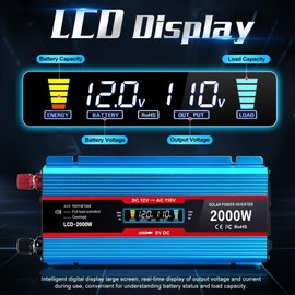 PKNYBZH 1200Watt Car Power Inverter 12V DC to 110V AC,1200W Inverter, Power Inverters for Vehicles with LCD Display and AC Outlets 2A USB Charging Port (Blue)