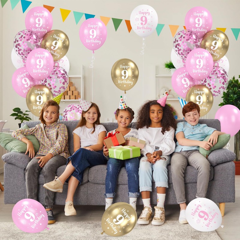 Happy 9th Birthday Balloons Pink Gold