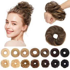 SEGO Human Hair Messy Bun Hairpiece Real Scrunchies Wavy Curly Tousled Updo Donut Chignon Ponytail Extensions for Women Girls-#2BP6R Natural Black & Light Brown