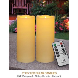 HOME MOST 2-Pack Outdoor LED Pillar Candles with Timer and Remote 2x5 - IP64 Waterproof Battery Operated LED Pillar Candles Cream Body Wavy Edge - Flickering Flameless Pillar Candles Unscented