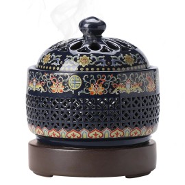 Issnw Ceramic Holder Electric Incense Burner Enamel Builtin Led Lights Simulate Flames