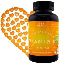 Hallingers Vitamin D3 Kinder - Vitaminherzen Tropical Fruit 120 vegane Gummies 1000 IE Vitamin D3 hochdosiert, 25 mcg pro Herz (Dose) - Ostergeschenke Osterkörbchen Ostereier & als Osterdeko | Geburts