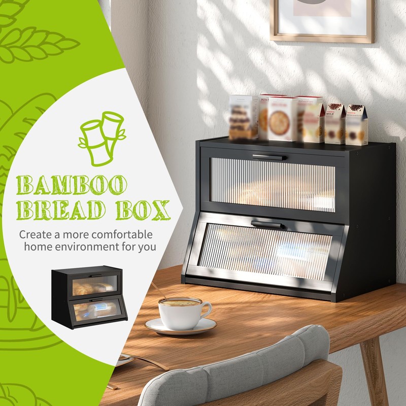 BMOSU Large Bread Box Double Layer Bamboo Bread Box for