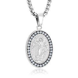 Yaumatea St. Raphael Necklace, Patron Saint of Travelers & Blind, Protection Medal, Catholic Gift, Stainless Steel 24" Chain (D:Silver)