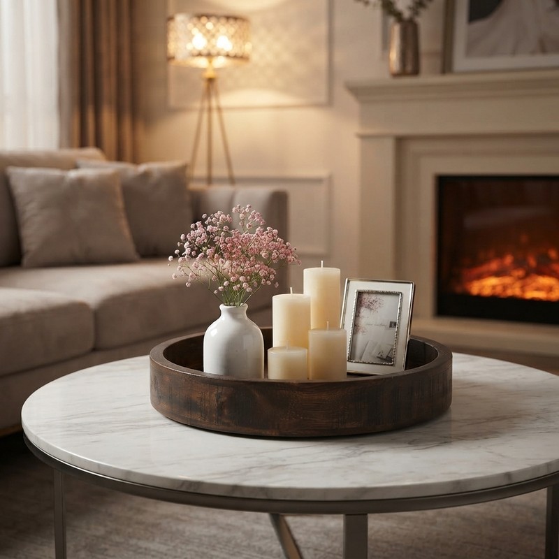 Round Wooden Candle Holder Trays for Coffee Table, Distressed Finish