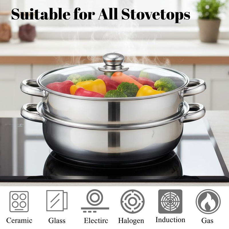 ZENFUN Steamer Pot With Lid 2 Tier, Multipurpose Stainless Steel