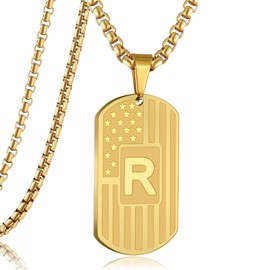 RWQIAN Gold American Flag Initial Dog Tag Necklace for Men Boys, Stainless Steel Letter R with 24 Inch Chain Military Pendant Jewelry Gift for Valentine's Birthday Christmas Anniversary Fathers Day