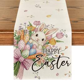 Artoid Mode Bow Bunny Eggs Happy Easter Table Runner,Seasonal Spring Flowers Carrots Kitchen Dining Table Decoration for Home Party Decor 13x36 Inch