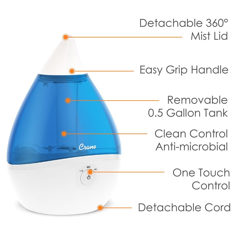 Crane Droplet Ultrasonic Teardrop Cool Mist Air Humidifier, 0.5 Gallon