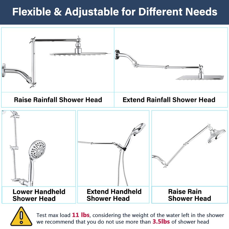 PDPBath Shower Extension Arm, 16" Upgrade Solid Brass Shower Head