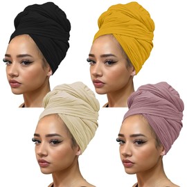 Kachanaa 4 Pieces Solid Color Stretch Knit Head Wrap Extra Long African Head Scarf Breathable Turbans for Black Women