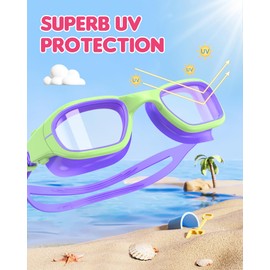 Zeligerstar Kids Swim Goggles,Swimming Goggles for Kids 6-14, Anti-Fog UV Protection Pool Goggles for Boys Girls (Grass Green/Purple+Clear Lens)