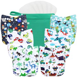 wegreeco Cloth Diapers 6 Pack with 6 Inserts & 1 Wet Bag, Washable Cloth Diapers for Babies, One Size Adjustable Reusable Diapers Baby (Car, Airplane)