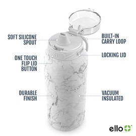 Ello Cooper 32oz Stainless Steel Water Bottle with Straw and Carry Handle, Double Walled and Vacuum Insulated Metal, Leak Proof Locking Lid with Soft Silicone Spout, Reusable, BPA Free, White Marble