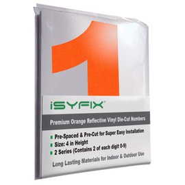 iSYFIX Reflective Orange Vinyl Numbers Stickers – 4 Inch Self Adhesive (2 Sets)- Premium Decal Die Cut and Pre-Spaced for Mailbox, Signs, Window, Door, Cars, Address Numbers, Indoor or Outdoor