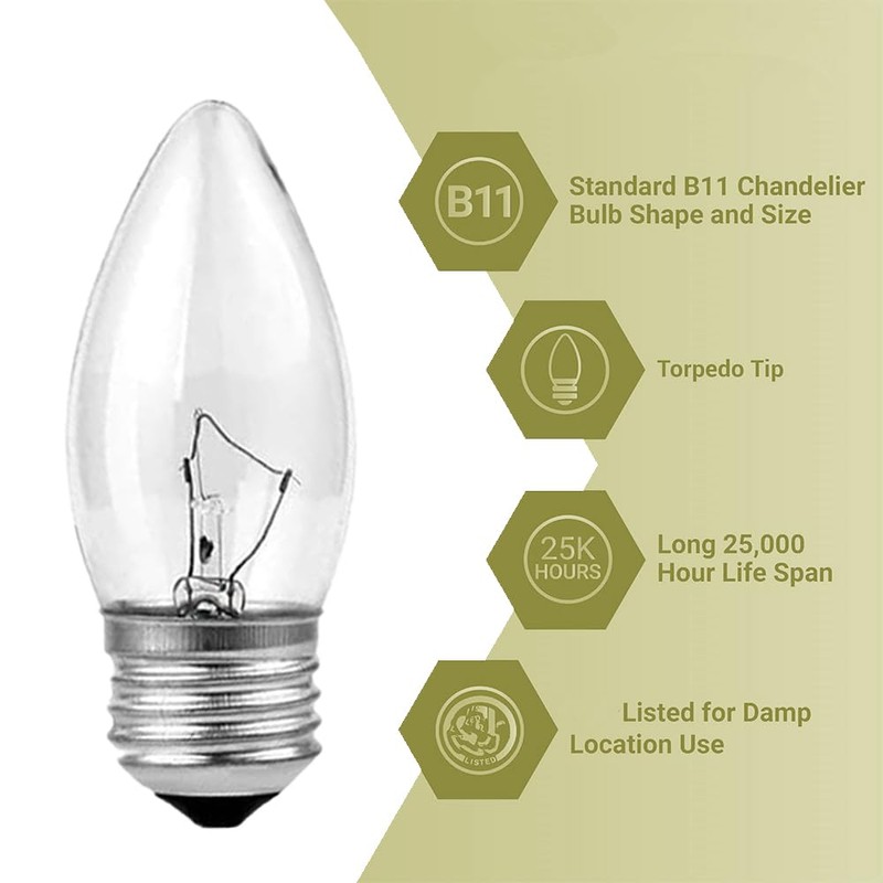 40W Incandescent Chandelier Bulbs - Crystal Clear, Torpedo Tip, Medium