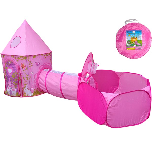 Playz 3pc Girls Princess Fairy Tale Castle Play Tent, Crawl Tunnel & Ball Pit w/ Pink Prairie Design - Foldable for Indoor & Outdoor Use w/ Zipper Storage Case