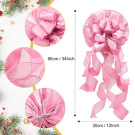Syhood Christmas Tree Topper Decorations 34x12 Inch Large Christmas Bows Tree Ornaments and 24 Pcs Christmas Tree Flowers for Christmas Holiday Party Decorative(Pink)