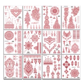 Temporary Tattoo Sticker, 12 Pcs Sheets Temporary Tattoo Sticker Set, Waterproof Flower Pattern, Body Art Fashion Decoration Suitable for Women Girls DIY Body Neck Chest Arms Legs
