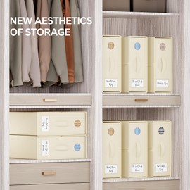 TRZZ 4-Pack Bed Sheet Organizers and Storage, Foldable Linen Bins with Window and Labels, Bedding Holder for Queen/King Duvet Covers, Keeps Bedding Neatly Organized and Accessible (Beige)