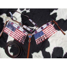 Showman American Flag Fringed Headstall & Breast Collar Set w/Reins! New Horse TACK!