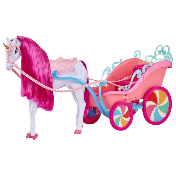 MGA Entertainment Dream Ella Candy Carriage and Unicorn, Pearlized White Unicorn Horse with Gold Glitter Horn, Bright Pink Mane, Pink Bridle, Reins, Saddle, Pink Carriage with Candy Glitter Railing