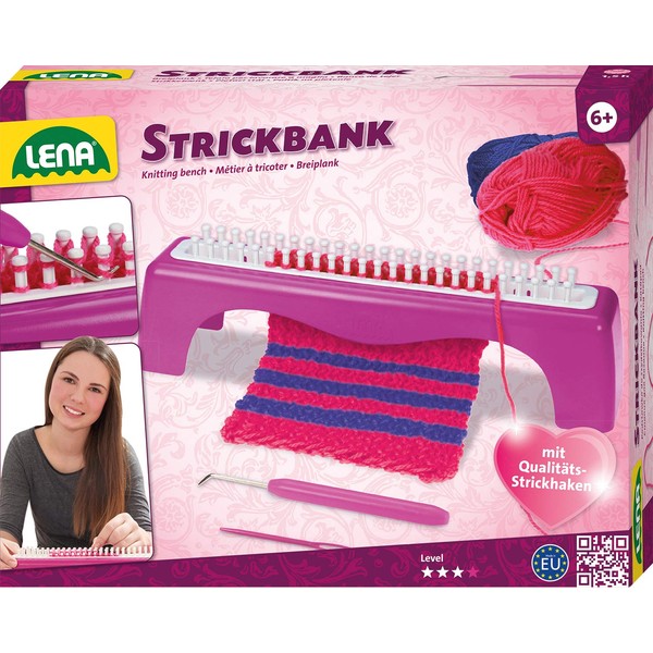 Lena 42680 Kit de tricot avec banc à tricoter, kit complet d'apprentissage avec crochet en métal, aiguille en plastique et fil de différentes couleurs assorties pour enfants à partir de 6 ans