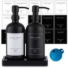 Black Thick Glass Soap Dispenser - Farmhouse Kitchen Dish Soap Dispenser & Hand Soap Dispenser Set, 304 Rustproof Pump Soap Dispenser Bathroom with Tray, 14 Stickers for Kitchen Decor Sink