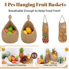 4 Pcs Hanging Fruit Baskets for Kitchen Boho Jute Hanging Wall Basket Handwoven Kitchen Wall Fruit Vegetable Storage Baskets Jute Rope Woven Decorative Hanging Holder for Potato Garlic Onion