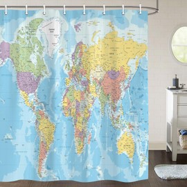 PAOPOED World Map Shower Curtain, Map of The World Countries Cities Blue Earth Educational Geography Shower Curtains for Kids Children Bathroom Decor with Hooks 72x72 Inch