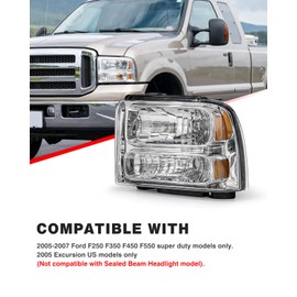ADCARLIGHTS for 05 06 07 Ford F250 F350 F450 F550 Super Duty Headlight Assembly Compatible with with 2005 Ford Excursion Chrome Housing Headlamp Amber Reflector Left+Right Side(Bulbs not included)