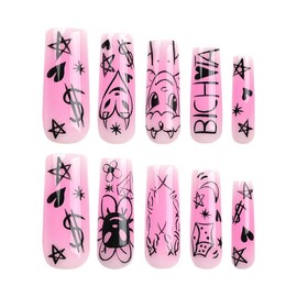 24pcs Long Square False Nails Pink Ombre Stick on Nails Black Heart Star Moon Press on Nails Removable Glue on Nails Full Cover Fake Nails Women Bridal Nail Art Accessories