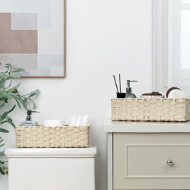 GRANNY SAYS Bathroom Baskets for Organizing, Wicker Basket for Storage, Wicker Baskets for Shelves, Waterproof Back of Toilet Storage Basket, 3 Section Bathroom Organizer Basket, 2-Pack