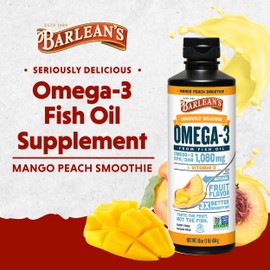 Barlean's Mango Peach Omega 3 Fish Oil Liquid Supplement with Vitamin D, 1080mg EPA & DHA Fatty Acid, Smoothie Flavored & Burpless for Brain, Joint, & Heart Health, 16 oz