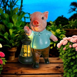 JIAOYINZI Garden Pig Gnome with Solar Lantern, Outdoor Decorative Statue