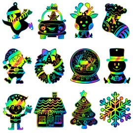 RICEDUO Christmas Scratch Art for Kids, 36 Pieces Rainbow Christmas Scratch Craft Paper Art with Wooden Sticks, Christmas Ornaments for Kids Party Favors Supplies