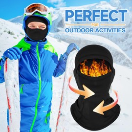AYPOW Kids Balaclava Winter Multifunctional Windproof Fleece Warm Ski Mask Cycling Face Mask Under Helmet Balaclava Hat with Neck Warmer for Boys Girls 4-10 Winter Outdoor Sports, black