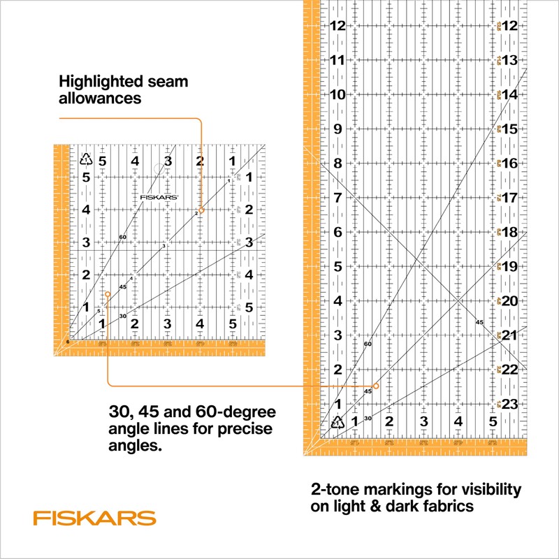 Fiskars 3-Piece Ruler & Connector Set, 6.5"x6.5" and 6.5"x24.5" Rulers,