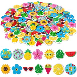 200 Pcs Summer Craft Beach Buttons, Hawaiian Sunglasses Watermelon Pineapple Flower Shaped Wooden Buttons, for Crafts Scrapbooking or Sewing Clothes and DIY Craft