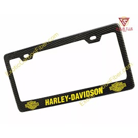 Exotic Carbon Fiber Harley Davidson Logos and Yellow Text in 2x2 Gloss Real Carbon Fiber Plate Frame