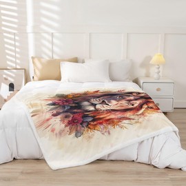 Feelyou Lion Fleece Throw Blanket Throw 50"x60" Animal Plush Blanket for Bed Sofa Couch Flower and Plants Sherpa Blanket Wildlife Fuzzy Blanket Beige Orange Flannal Blanket