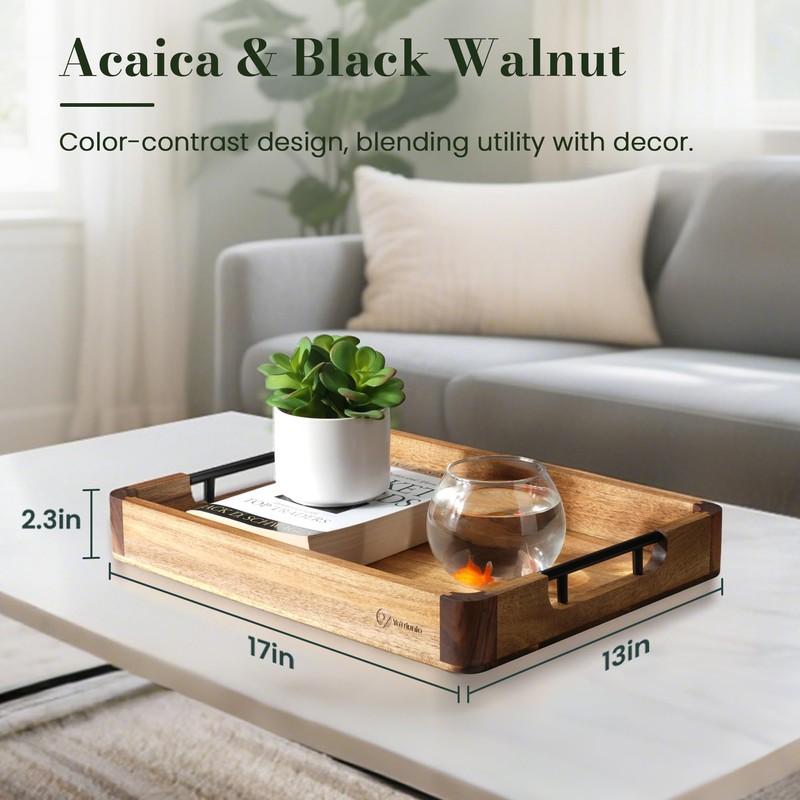 Wood Serving Tray with Handles, 17"x13" Large Decorative Ottoman Tray