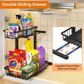 REALINN Under Sink Organizer, 2 Pack Height Adjustable Under Sink Organizers and Storage, 2 Tier Pull Out Drawer Cabinet Storage for Kitchen Bathroom